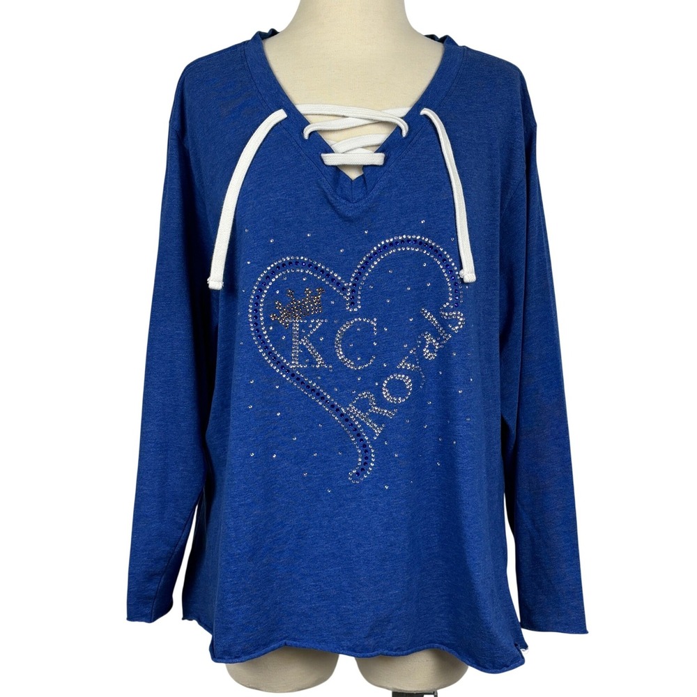 L.A.T. Kansas City Royals Lace Up Rhinestone Heart Top 2XL Blue Long Sleeve